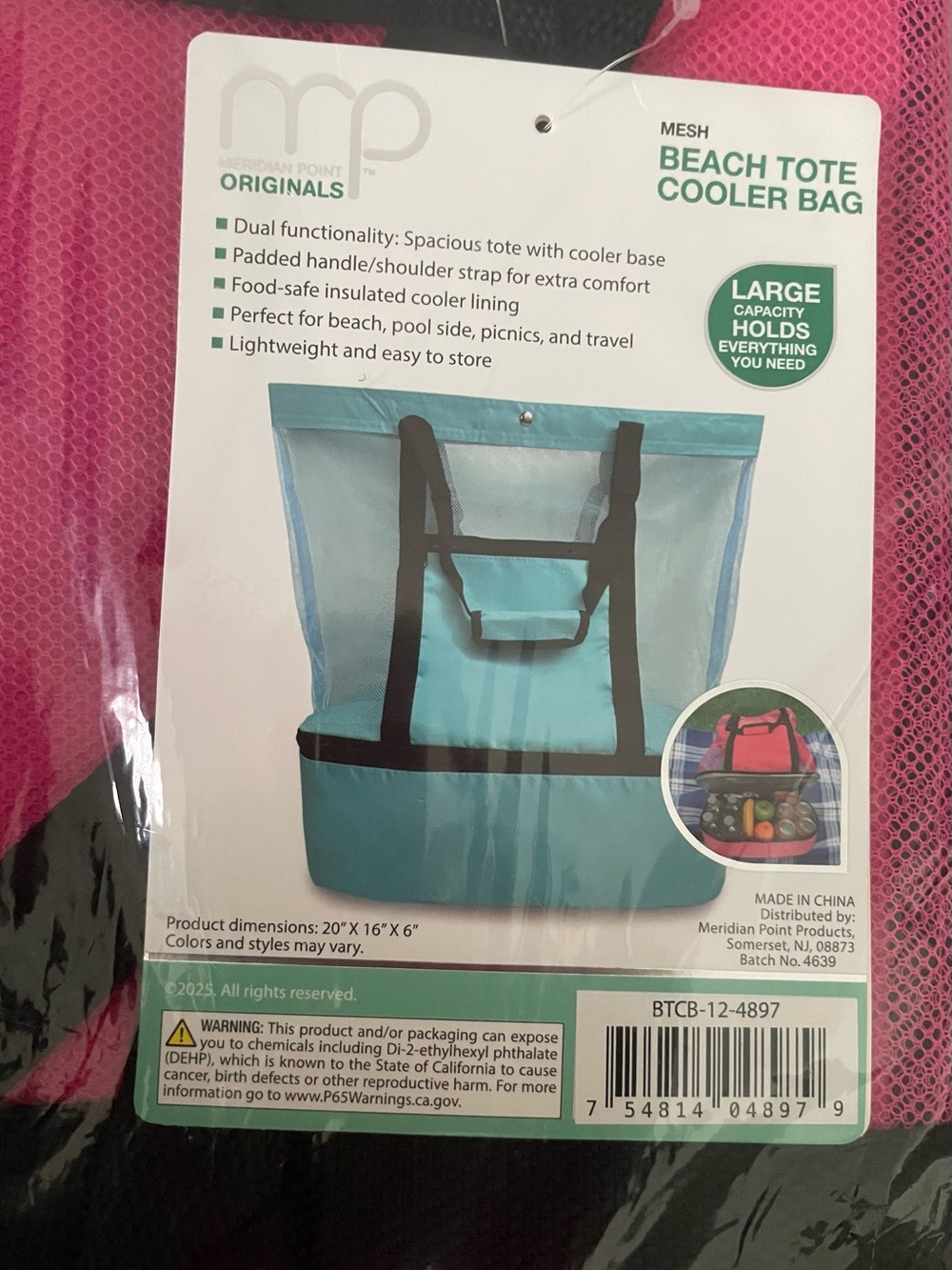 NWT MP Originals Mesh Beach Tote Cooler Bag - Hot Pink with Black Trim